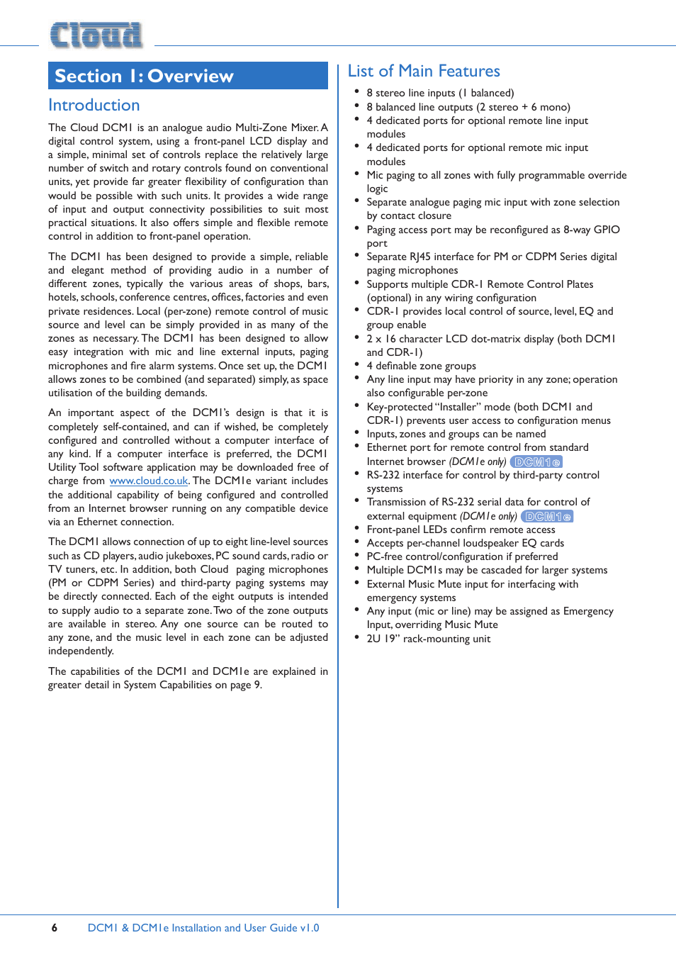 Introduction, List of main features | Cloud Electronics DCM1 User Manual | Page 6 / 79