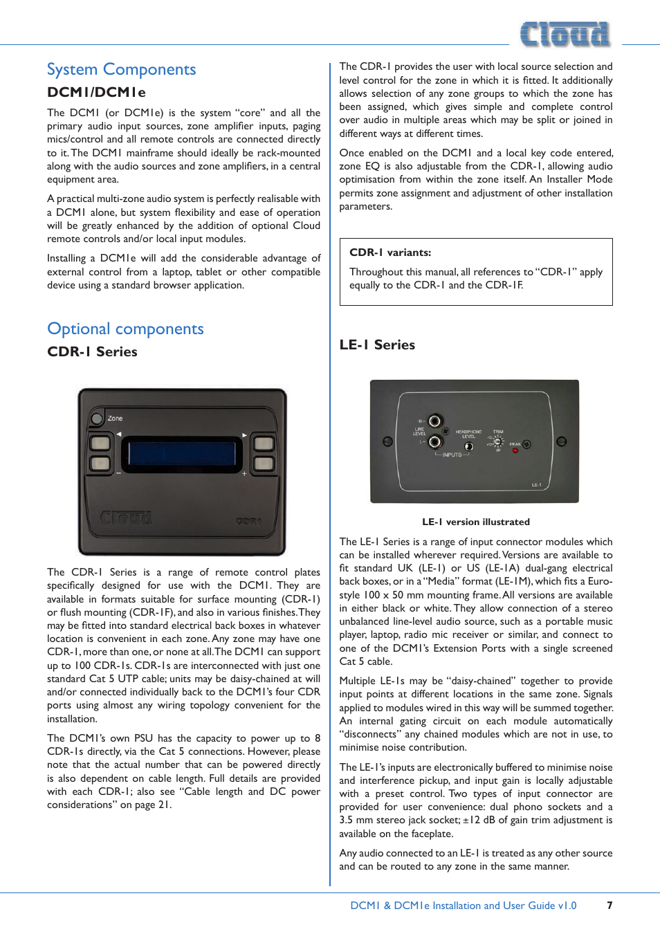System components, Optional components | Cloud Electronics DCM1 User Manual | Page 7 / 79