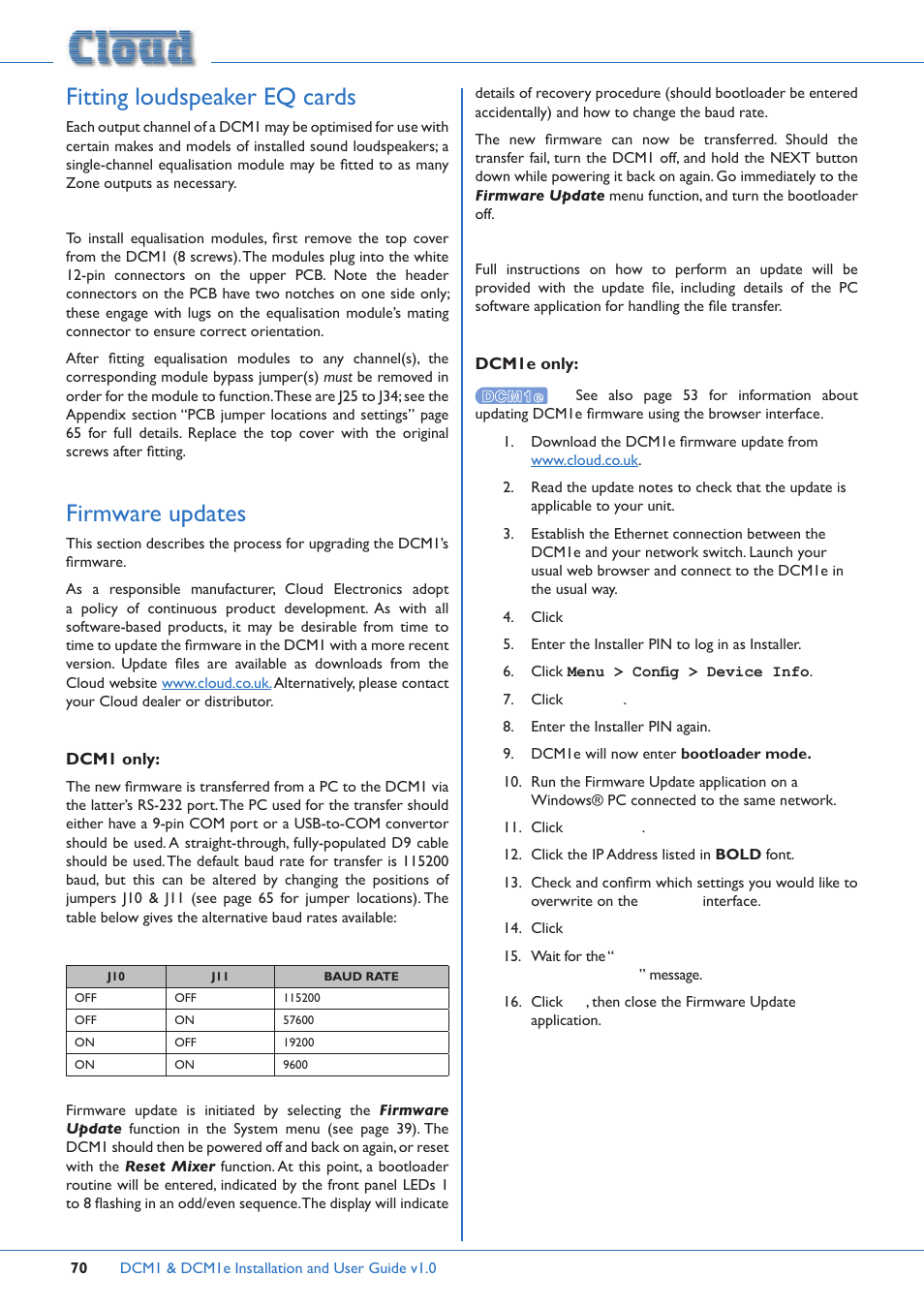 Fitting loudspeaker eq cards, Firmware updates | Cloud Electronics DCM1 User Manual | Page 70 / 79