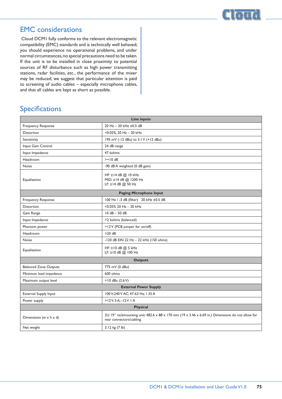 Emc considerations, Specifications | Cloud Electronics DCM1 User Manual | Page 75 / 79