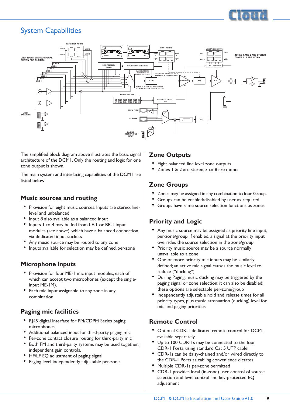 System capabilities, Music sources and routing, Microphone inputs | Paging mic facilities, Zone outputs, Zone groups, Priority and logic, Remote control, Input 8 also available as a balanced input, Any music source may be routed to any zone | Cloud Electronics DCM1 User Manual | Page 9 / 79