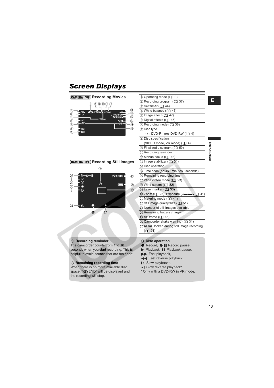 Screen displays | Canon DCD CAMCORDER User Manual | Page 13 / 83