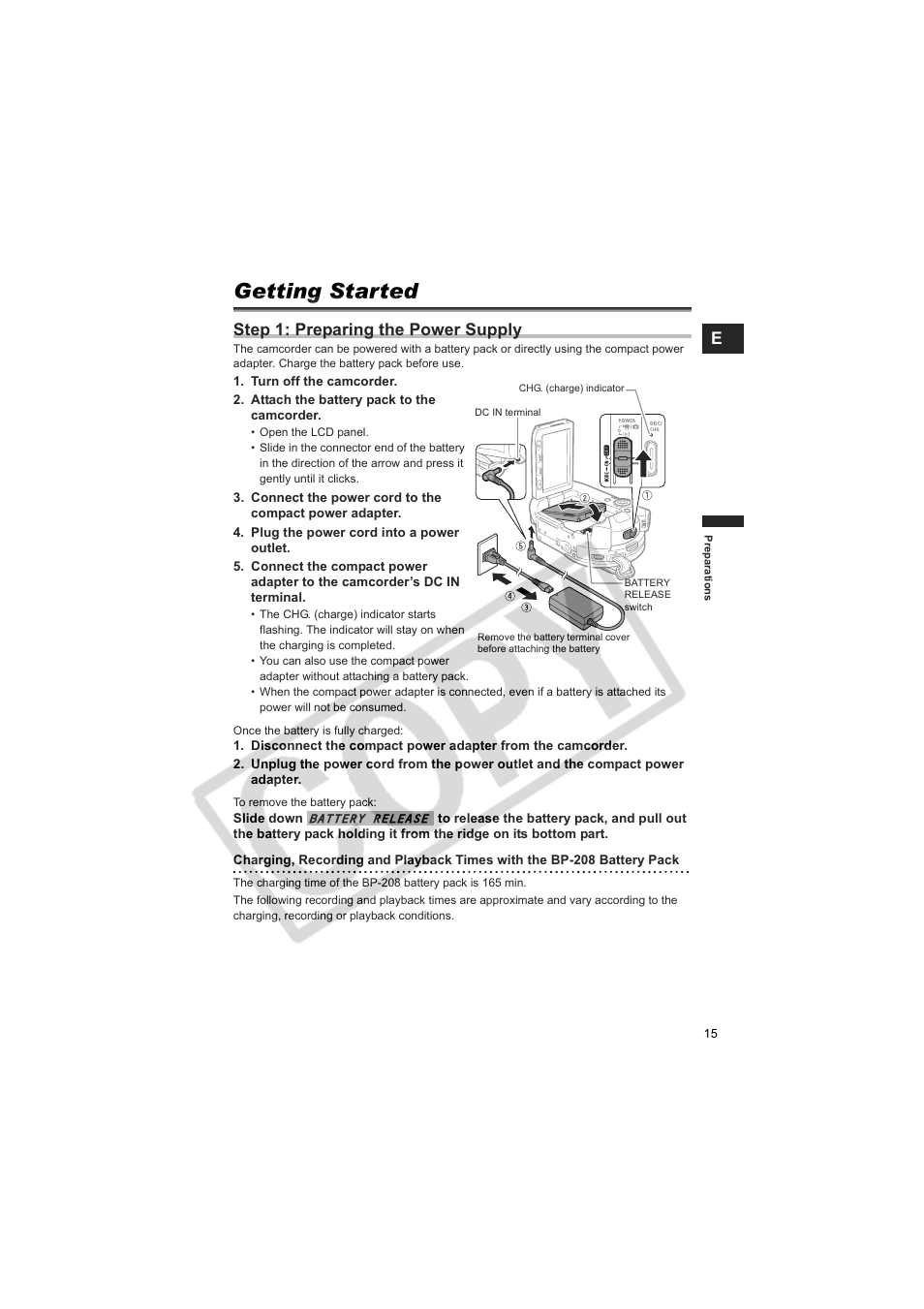 Getting started, Step 1: preparing the power supply | Canon DCD CAMCORDER User Manual | Page 15 / 83
