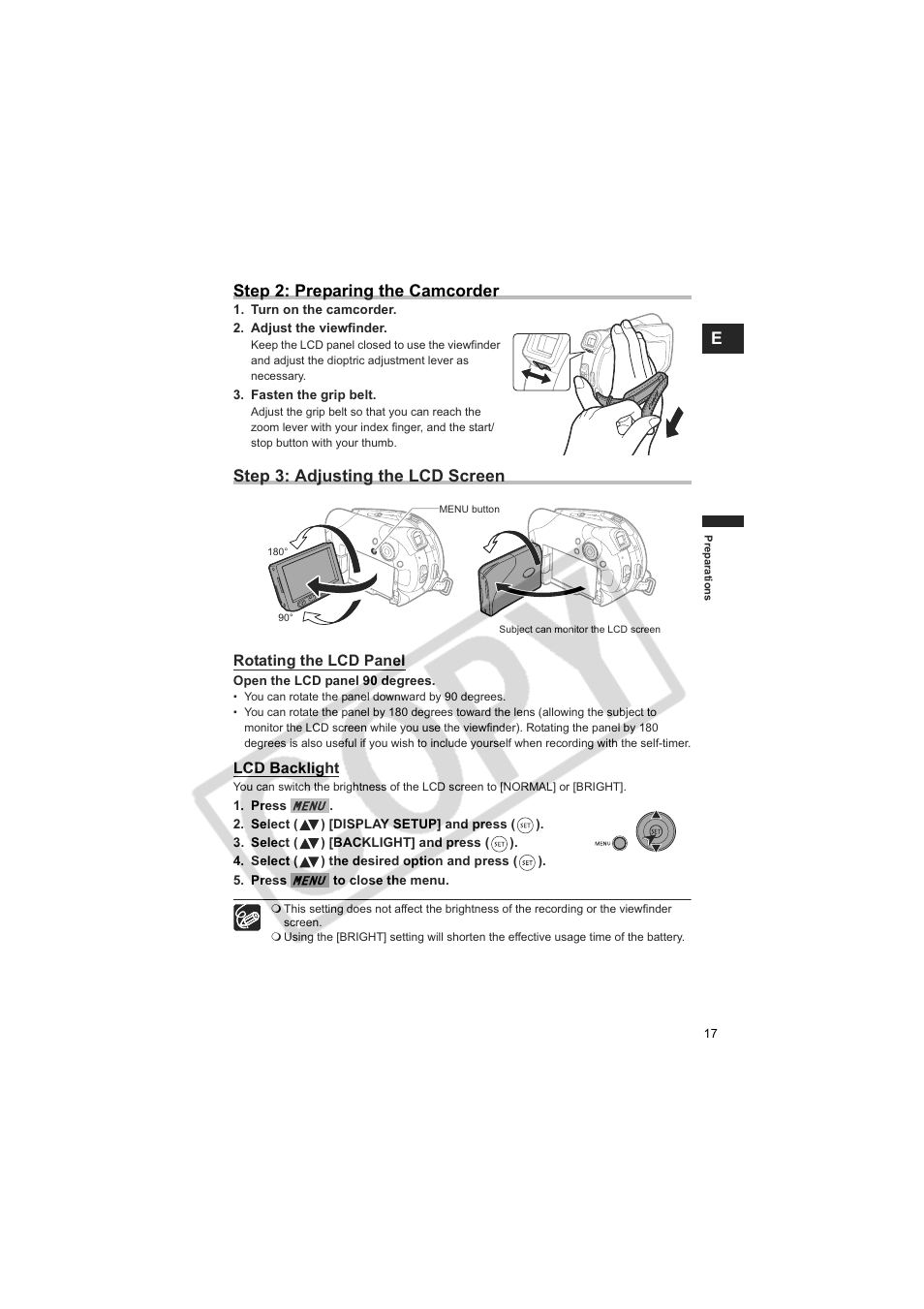 Estep 2: preparing the camcorder, Step 3: adjusting the lcd screen | Canon DCD CAMCORDER User Manual | Page 17 / 83