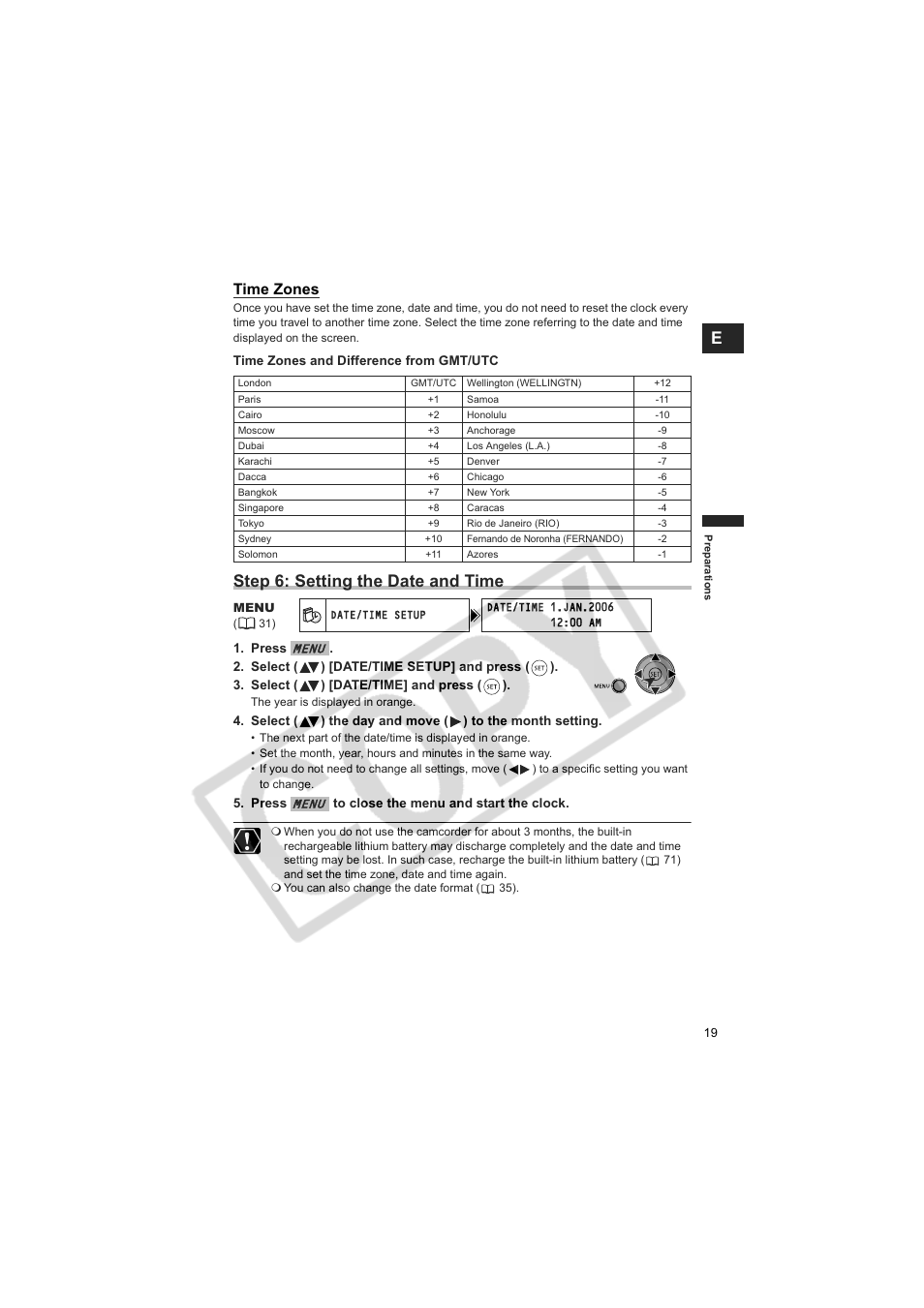Step 6: setting the date and time, Time zones | Canon DCD CAMCORDER User Manual | Page 19 / 83