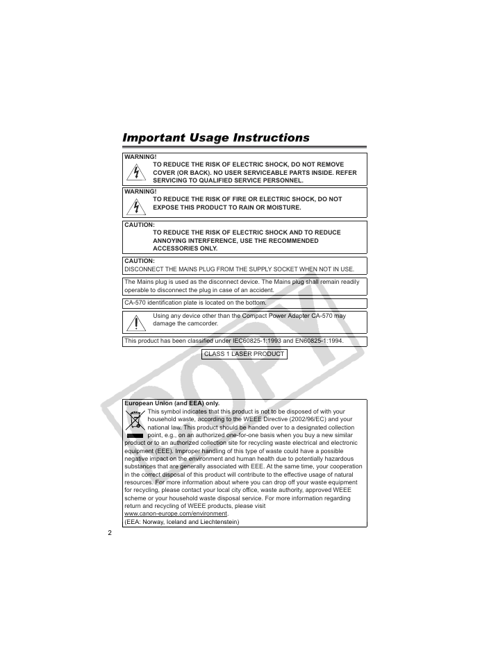 Psruwdqw8vdjh,qvwuxfwlrqv | Canon DCD CAMCORDER User Manual | Page 2 / 83