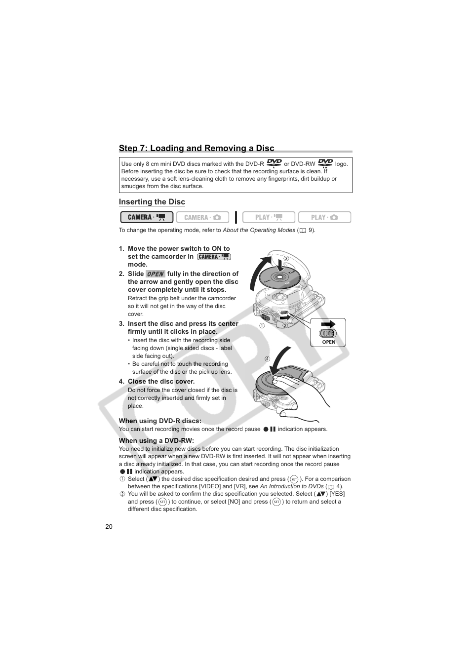 Step 7: loading and removing a disc | Canon DCD CAMCORDER User Manual | Page 20 / 83