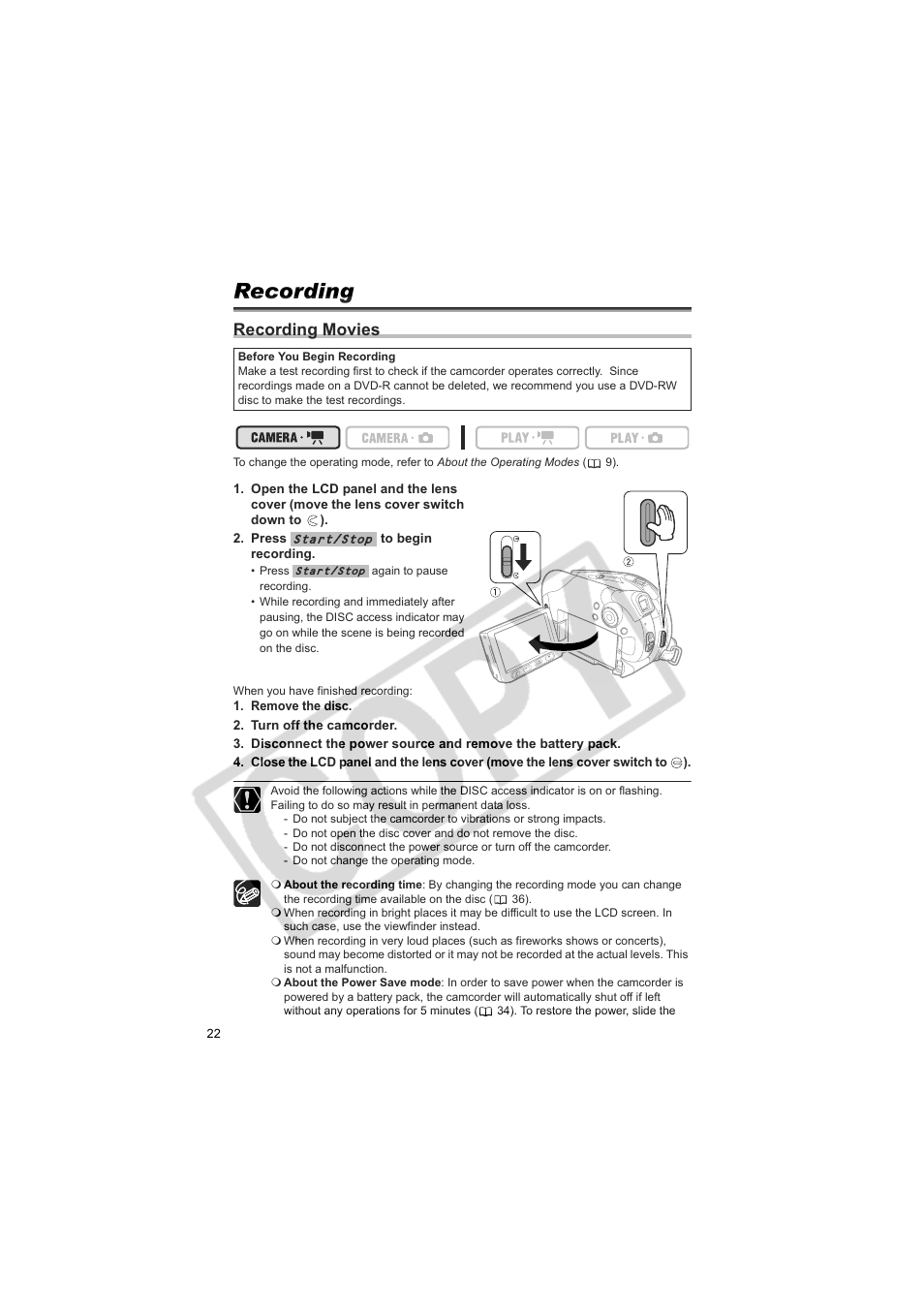 Recording, Recording movies | Canon DCD CAMCORDER User Manual | Page 22 / 83