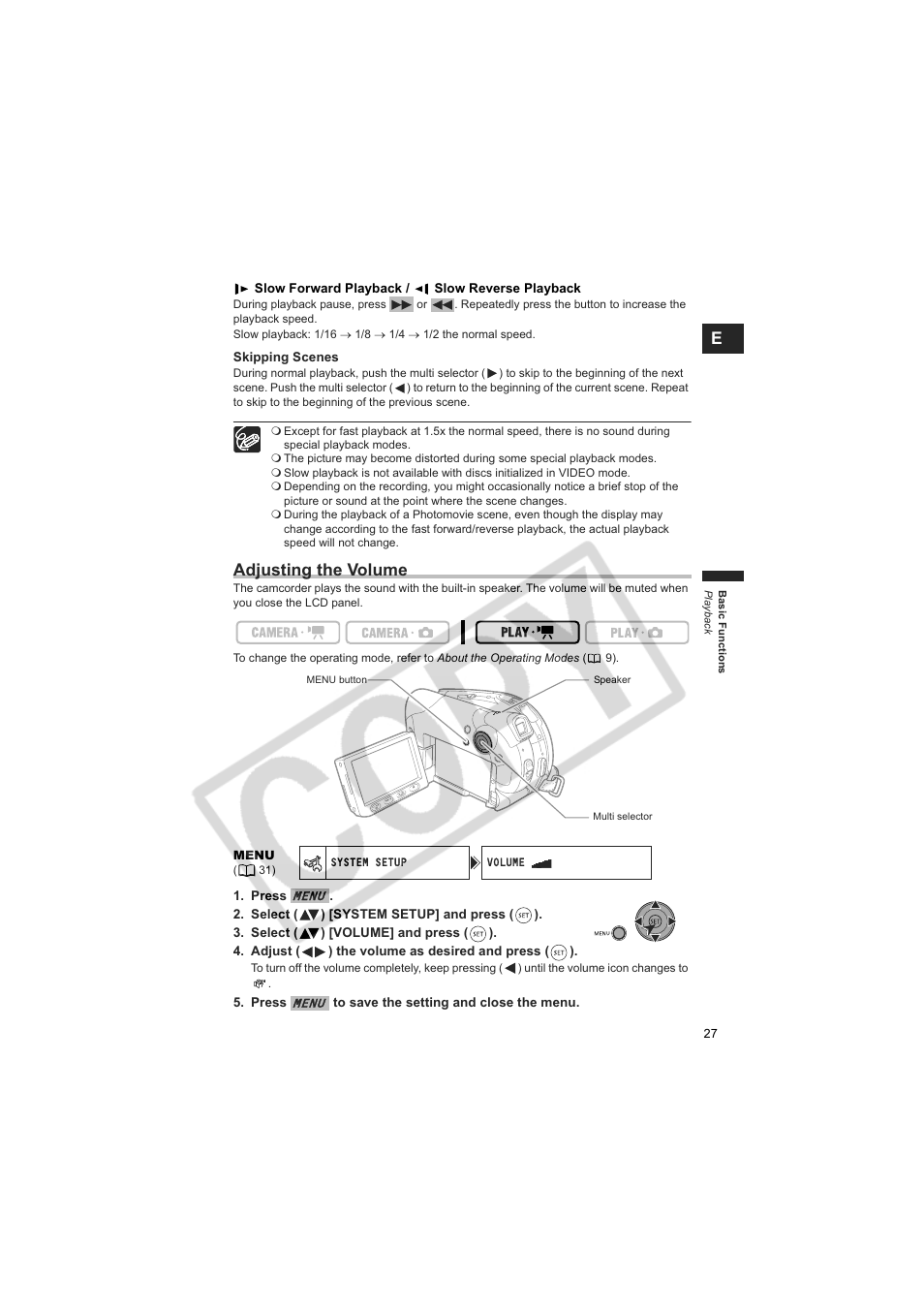 Adjusting the volume | Canon DCD CAMCORDER User Manual | Page 27 / 83