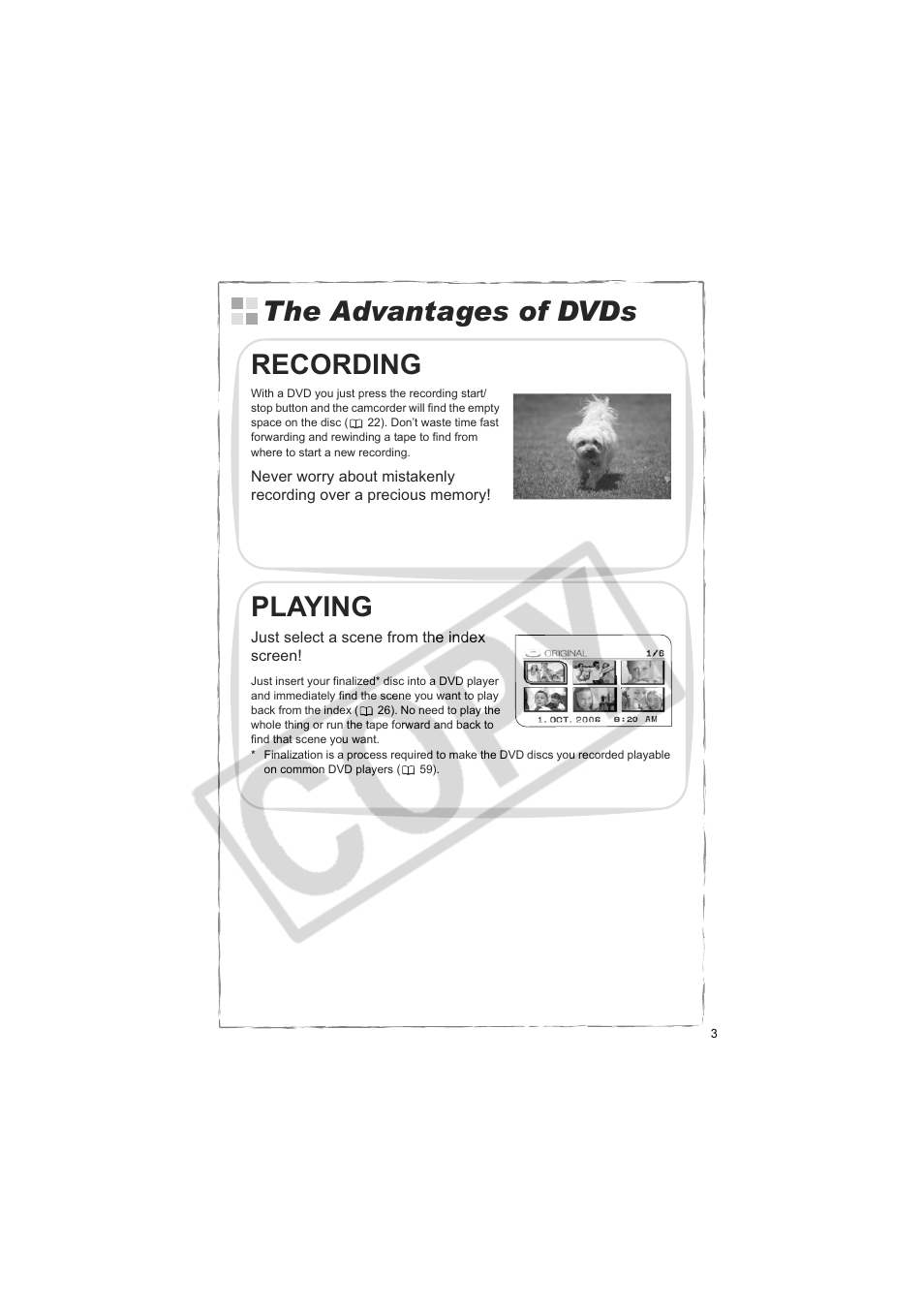 The advantages of dvds recording, Playing | Canon DCD CAMCORDER User Manual | Page 3 / 83
