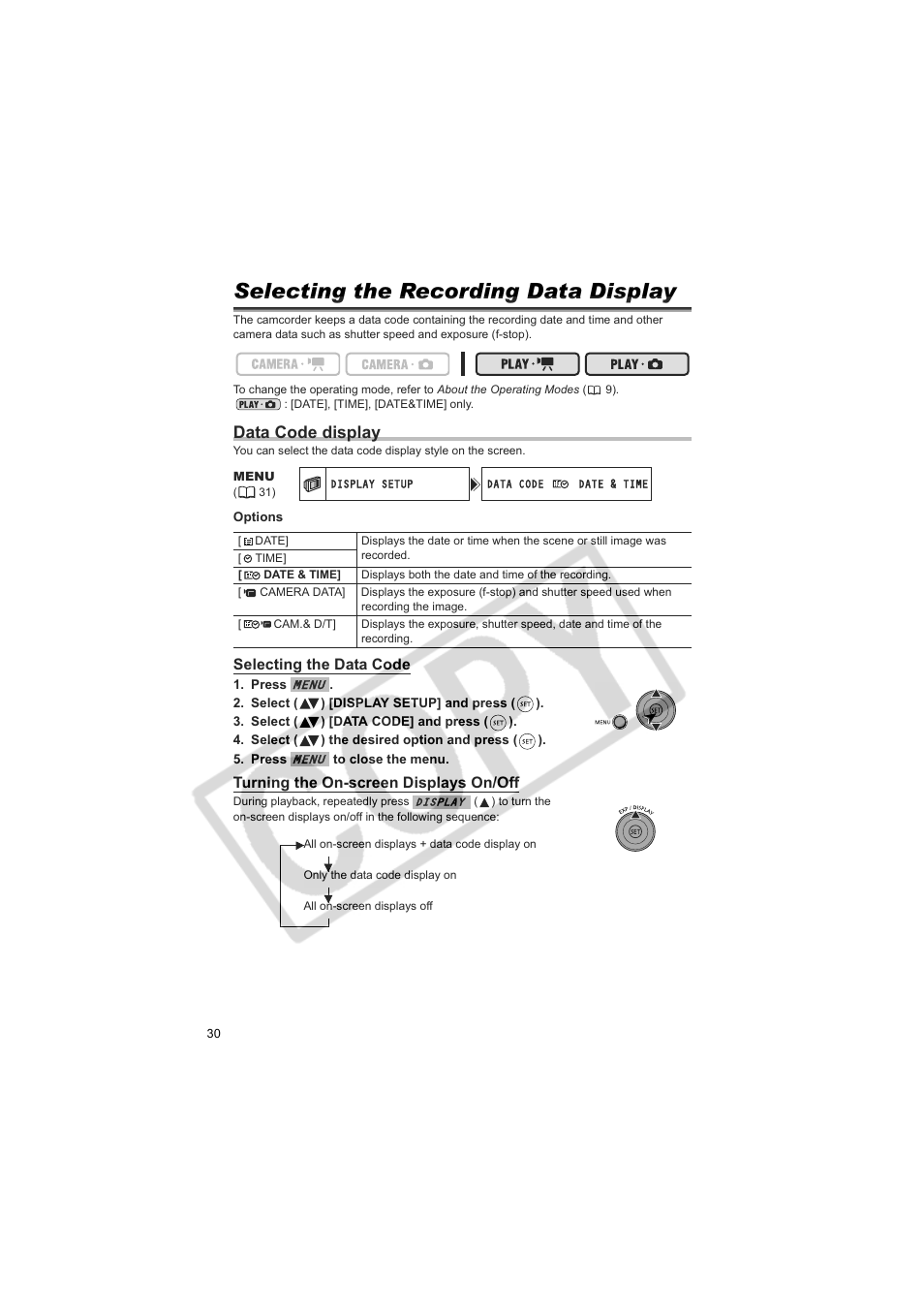 Selecting the recording data display, Data code display | Canon DCD CAMCORDER User Manual | Page 30 / 83