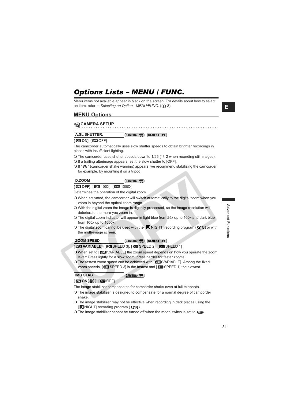 Options lists – menu / func, Menu options | Canon DCD CAMCORDER User Manual | Page 31 / 83