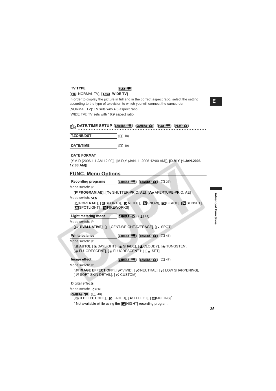Func. menu options | Canon DCD CAMCORDER User Manual | Page 35 / 83