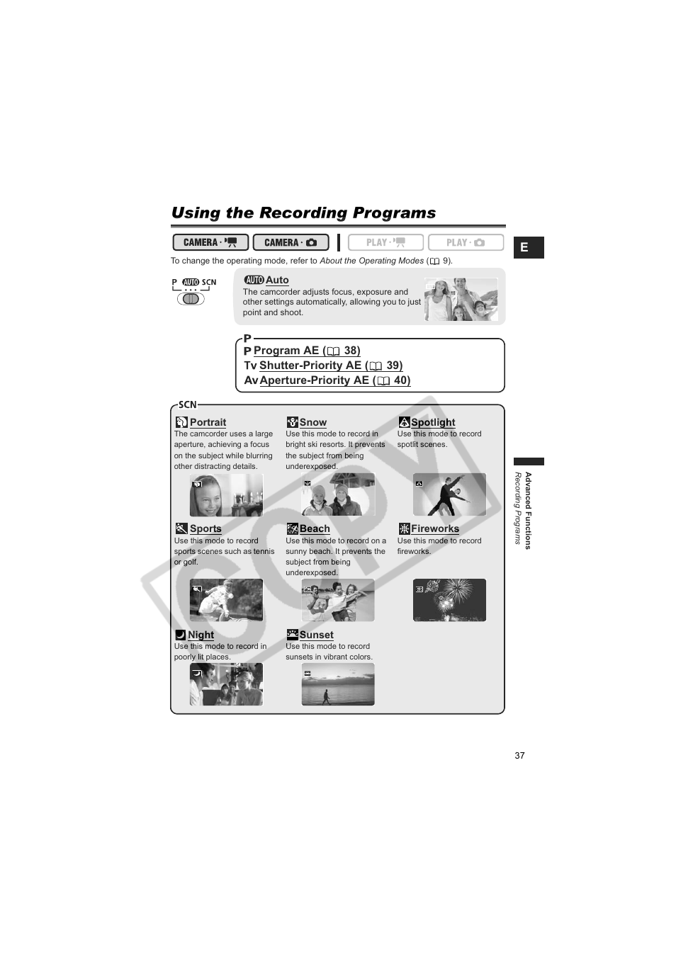 Using the recording programs | Canon DCD CAMCORDER User Manual | Page 37 / 83