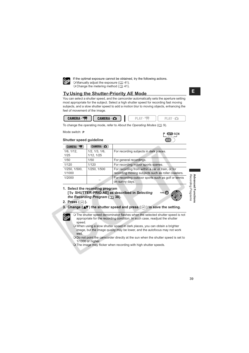 Using the shutter-priority ae mode | Canon DCD CAMCORDER User Manual | Page 39 / 83