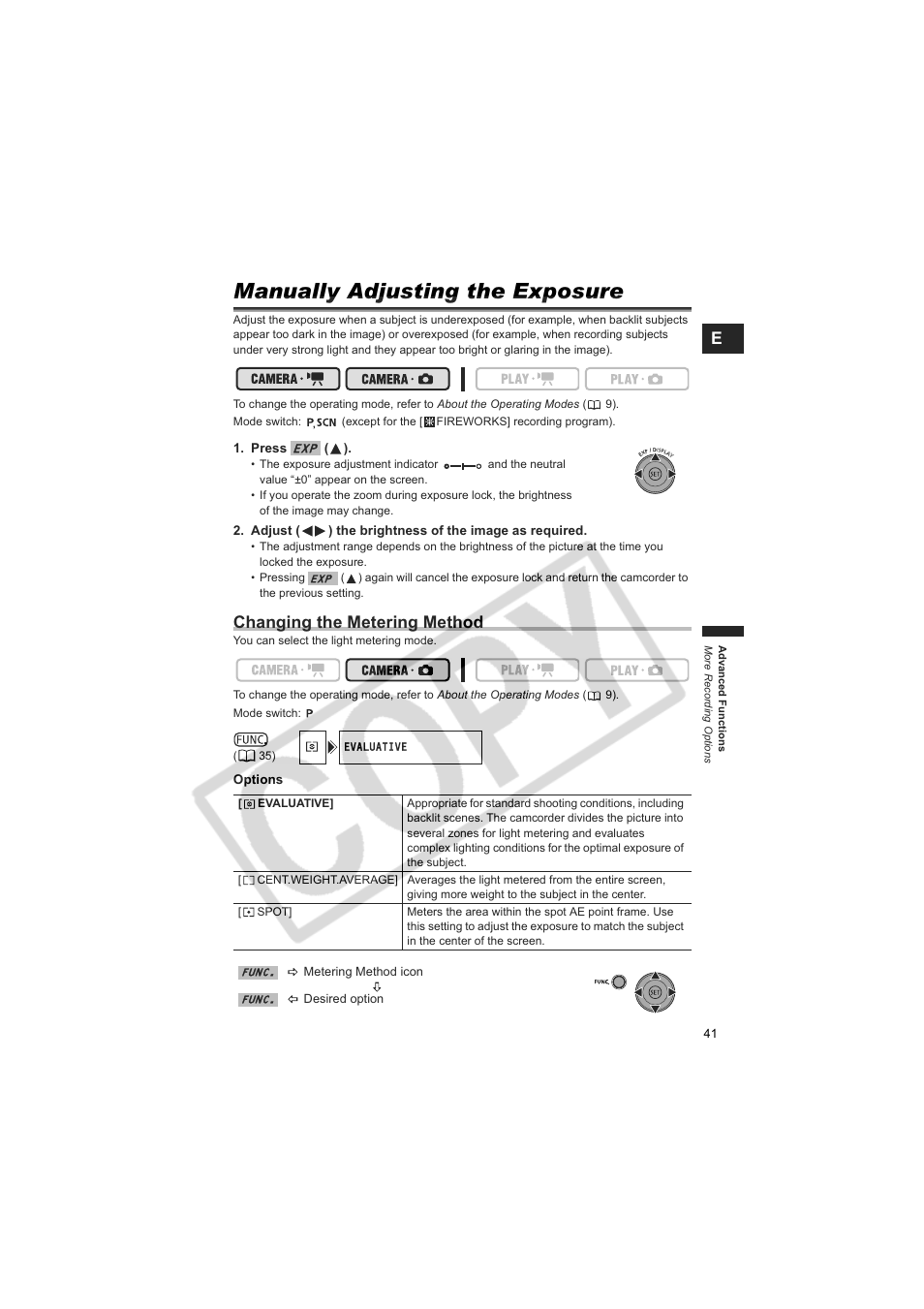Manually adjusting the exposure, Changing the metering method | Canon DCD CAMCORDER User Manual | Page 41 / 83
