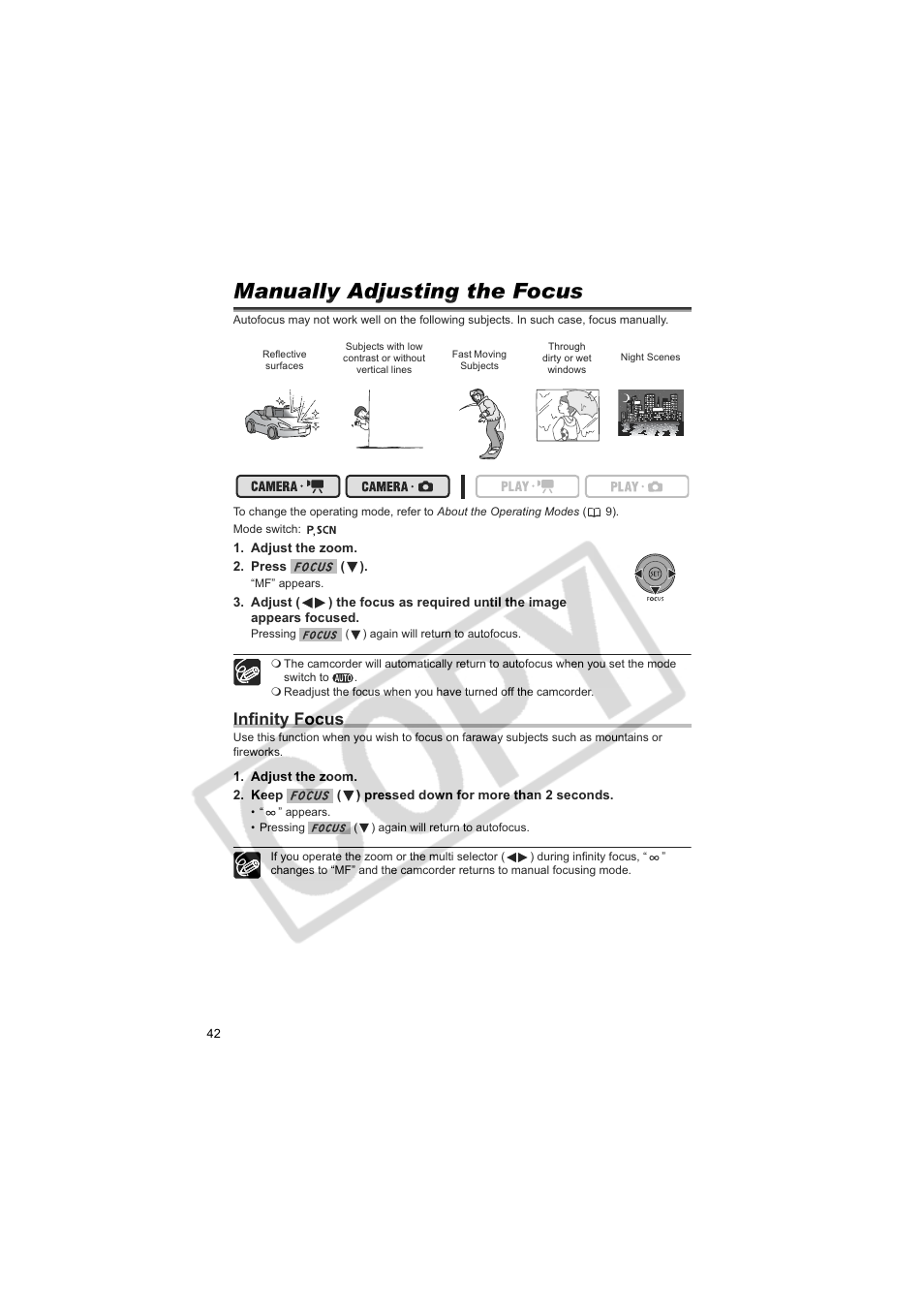 Manually adjusting the focus, Infinity focus | Canon DCD CAMCORDER User Manual | Page 42 / 83