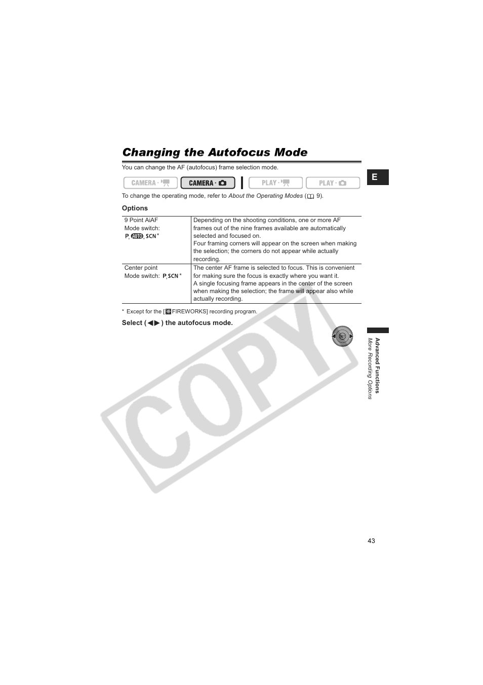 Changing the autofocus mode | Canon DCD CAMCORDER User Manual | Page 43 / 83