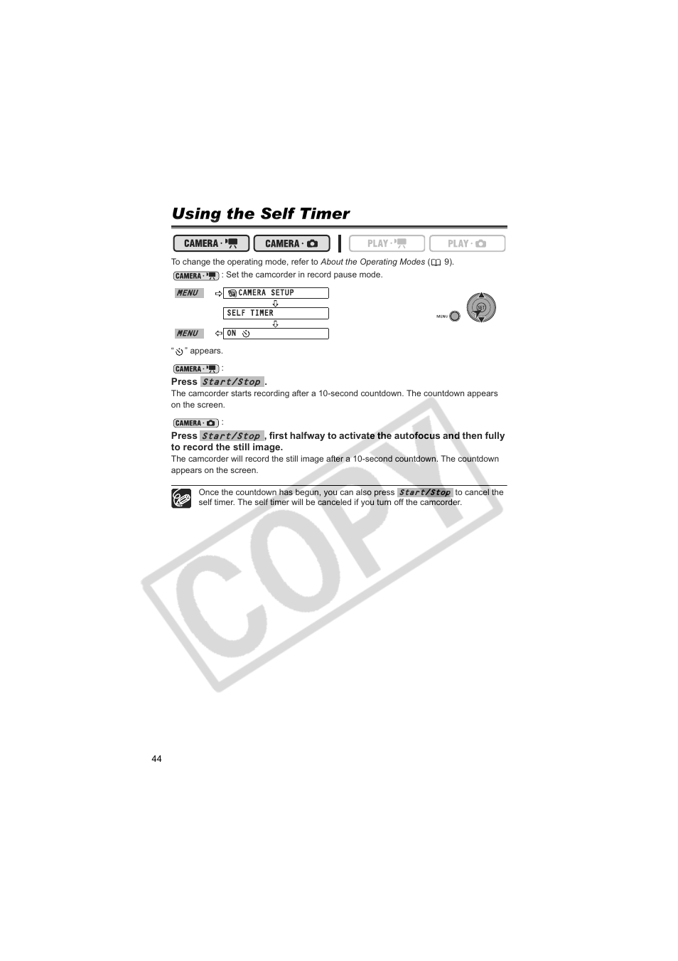Using the self timer | Canon DCD CAMCORDER User Manual | Page 44 / 83