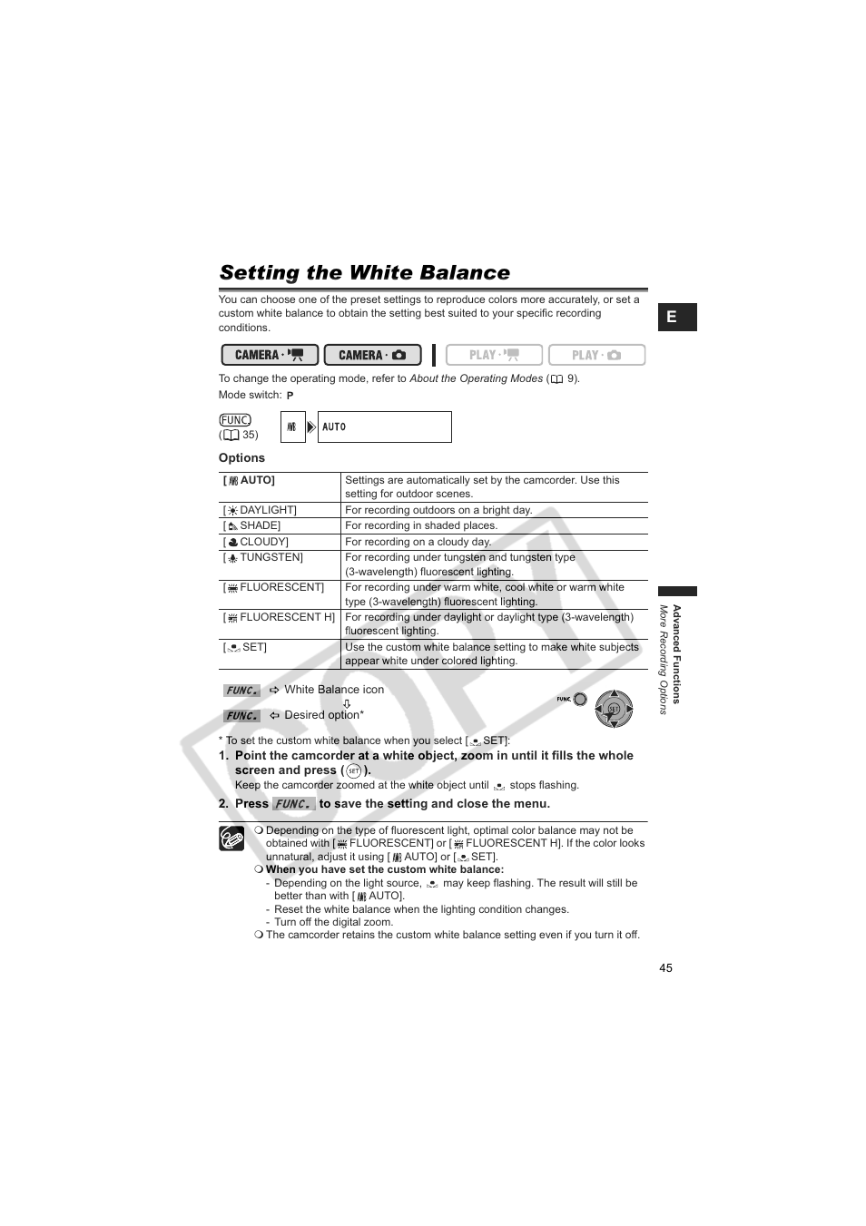 Setting the white balance | Canon DCD CAMCORDER User Manual | Page 45 / 83