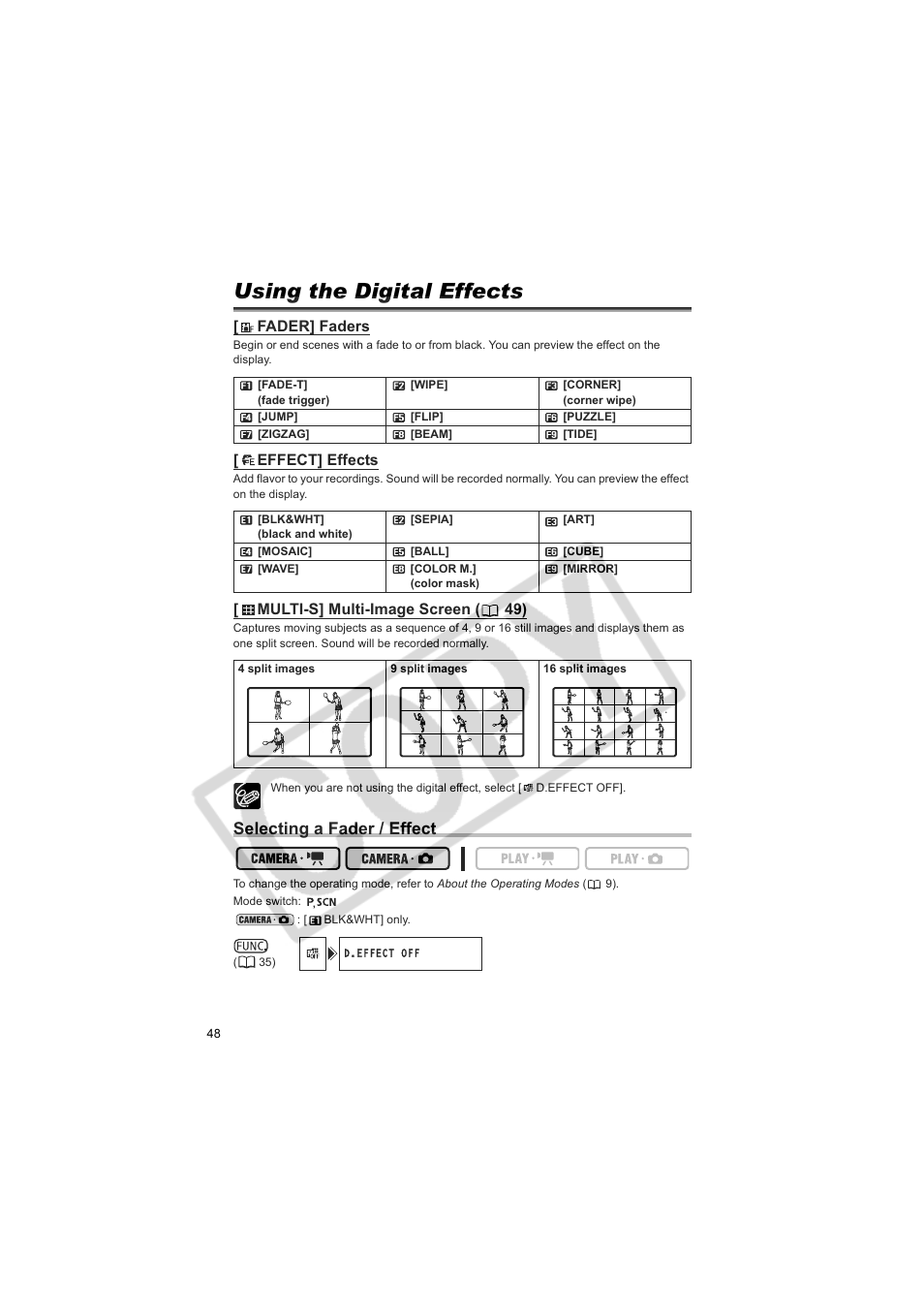 Using the digital effects, Selecting a fader / effect | Canon DCD CAMCORDER User Manual | Page 48 / 83