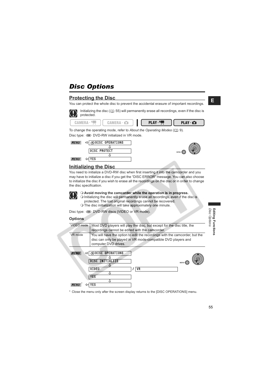Disc options, Protecting the disc, Initializing the disc | Canon DCD CAMCORDER User Manual | Page 55 / 83