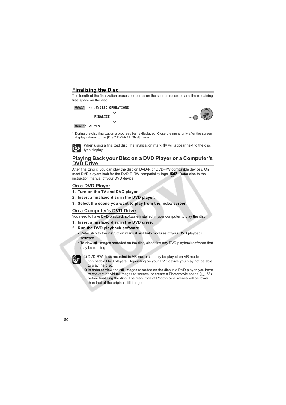 Finalizing the disc | Canon DCD CAMCORDER User Manual | Page 60 / 83