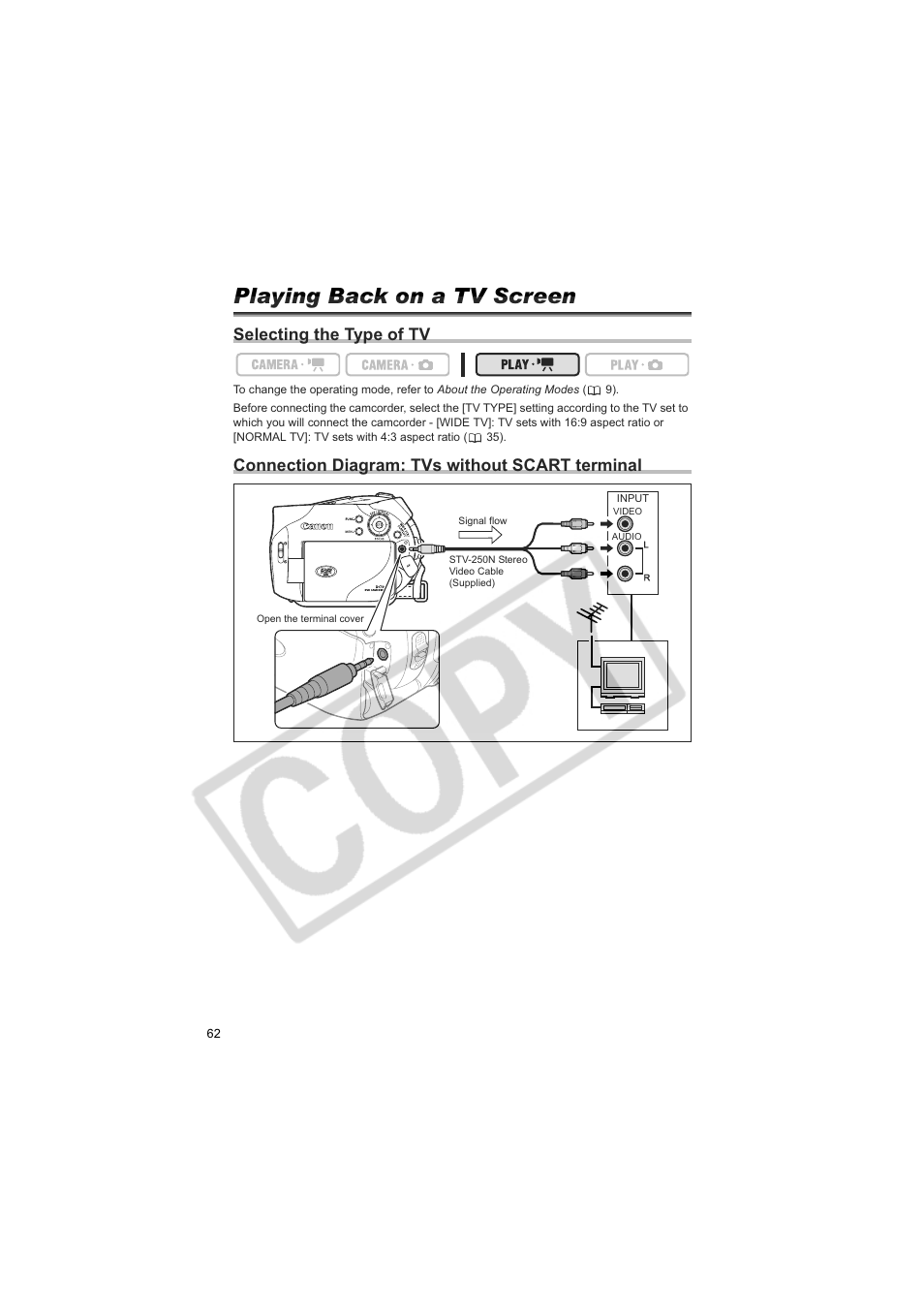 Playing back on a tv screen, Selecting the type of tv, Connection diagram: tvs without scart terminal | Canon DCD CAMCORDER User Manual | Page 62 / 83