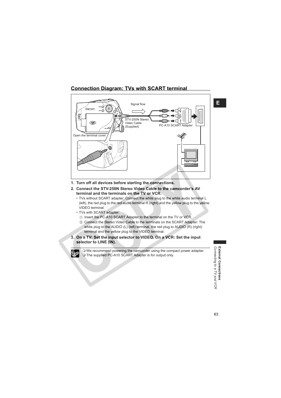 Econnection diagram: tvs with scart terminal | Canon DCD CAMCORDER User Manual | Page 63 / 83