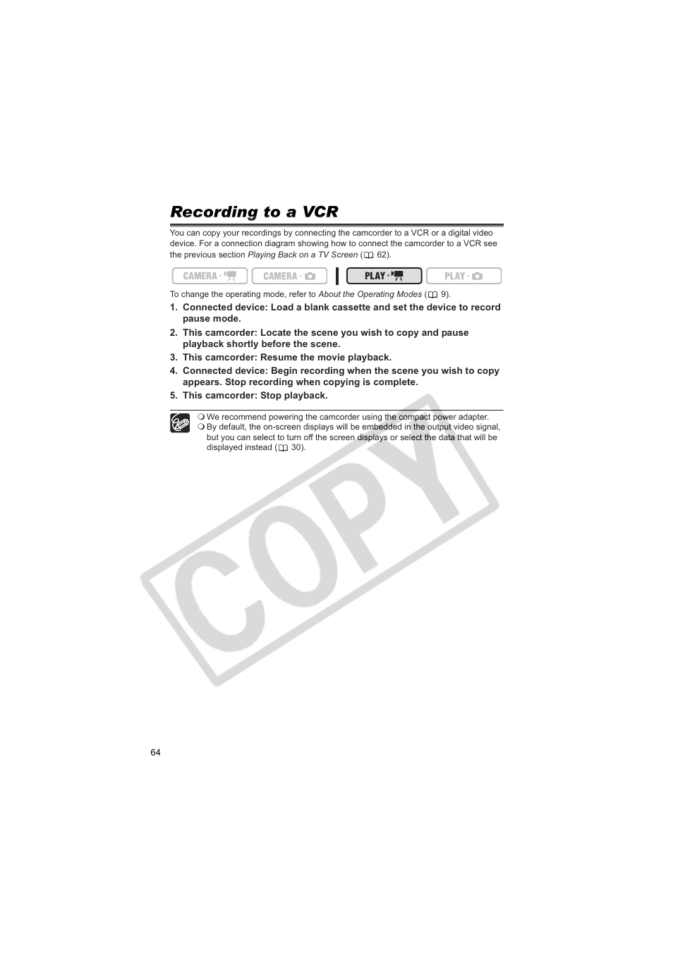 Recording to a vcr | Canon DCD CAMCORDER User Manual | Page 64 / 83