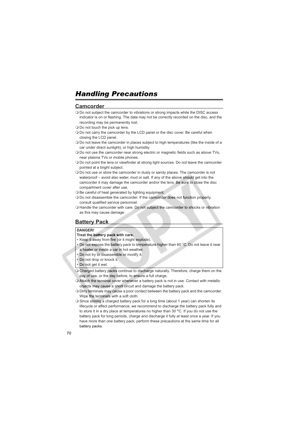 Handling precautions, Camcorder, Battery pack | Canon DCD CAMCORDER User Manual | Page 70 / 83