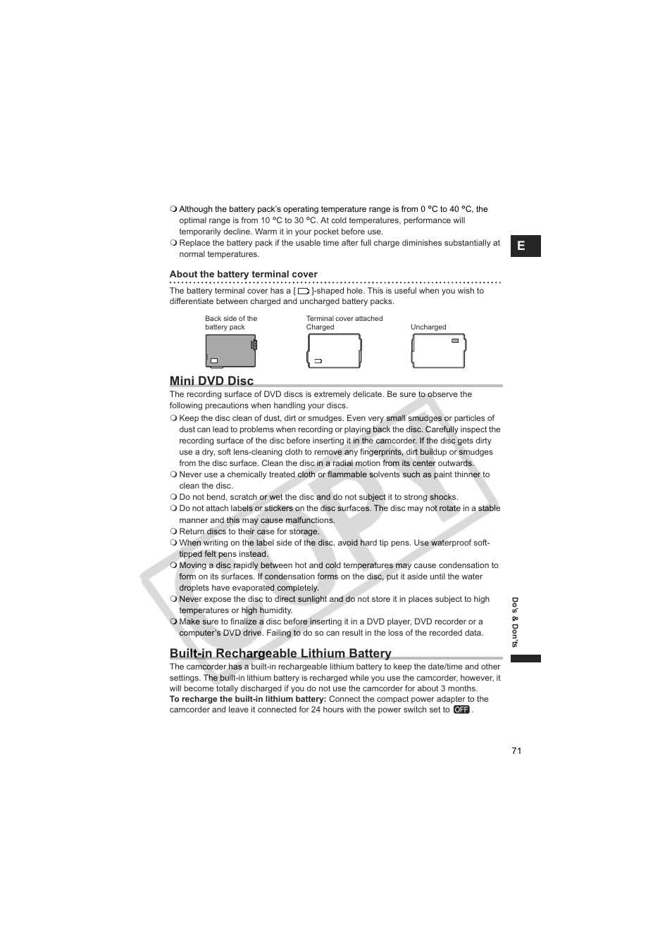 Mini dvd disc, Built-in rechargeable lithium battery | Canon DCD CAMCORDER User Manual | Page 71 / 83