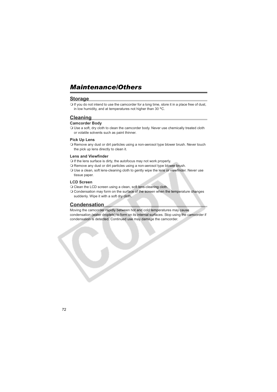 Maintenance/others, Storage, Cleaning | Condensation | Canon DCD CAMCORDER User Manual | Page 72 / 83