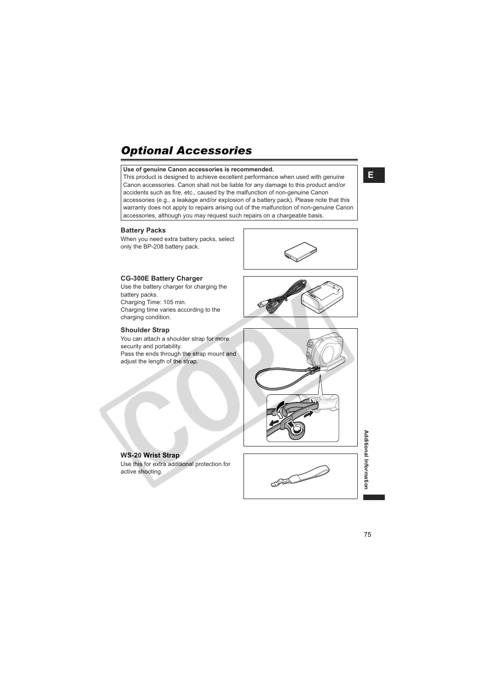 Optional accessories | Canon DCD CAMCORDER User Manual | Page 75 / 83
