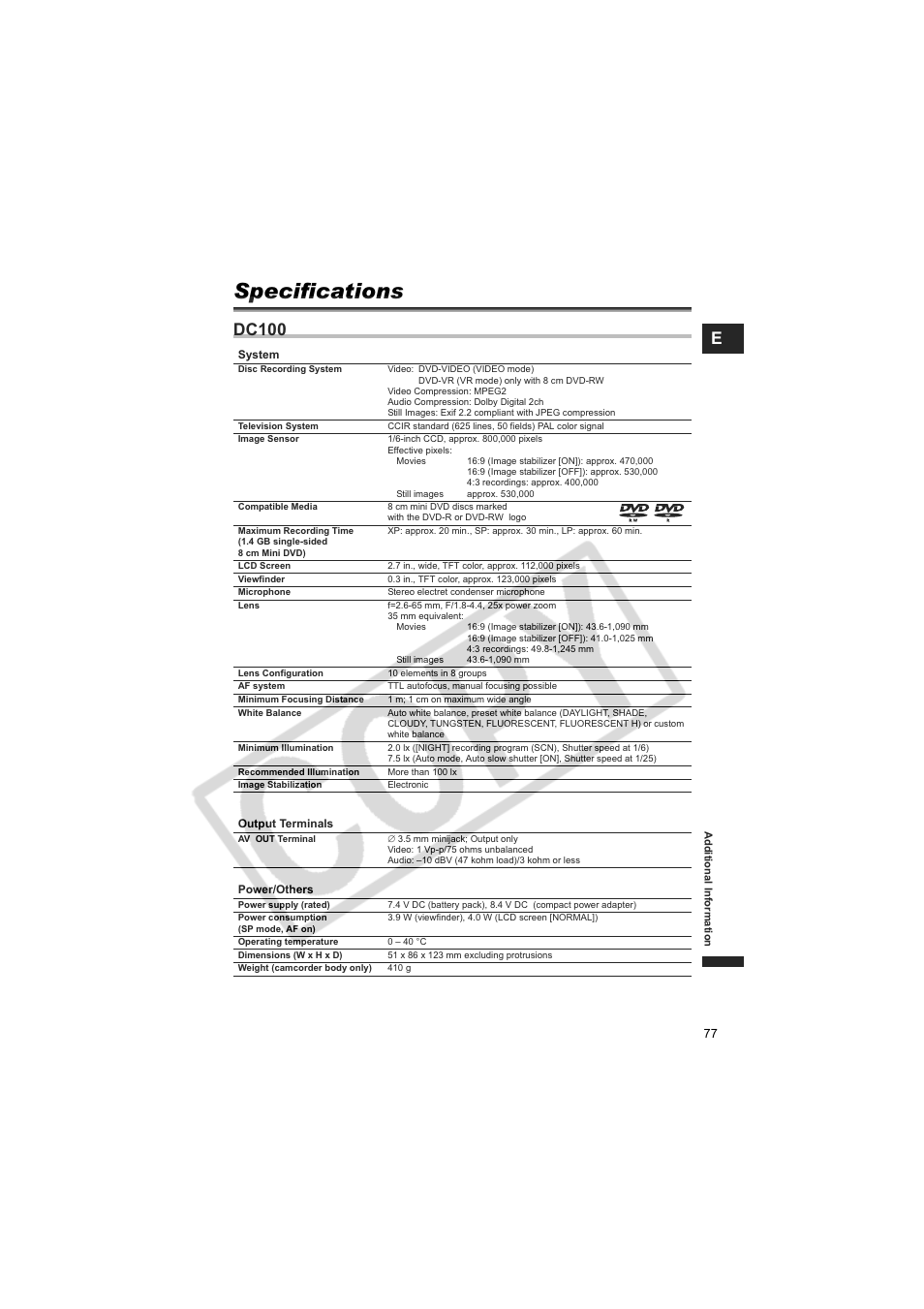 Specifications, Dc100 | Canon DCD CAMCORDER User Manual | Page 77 / 83