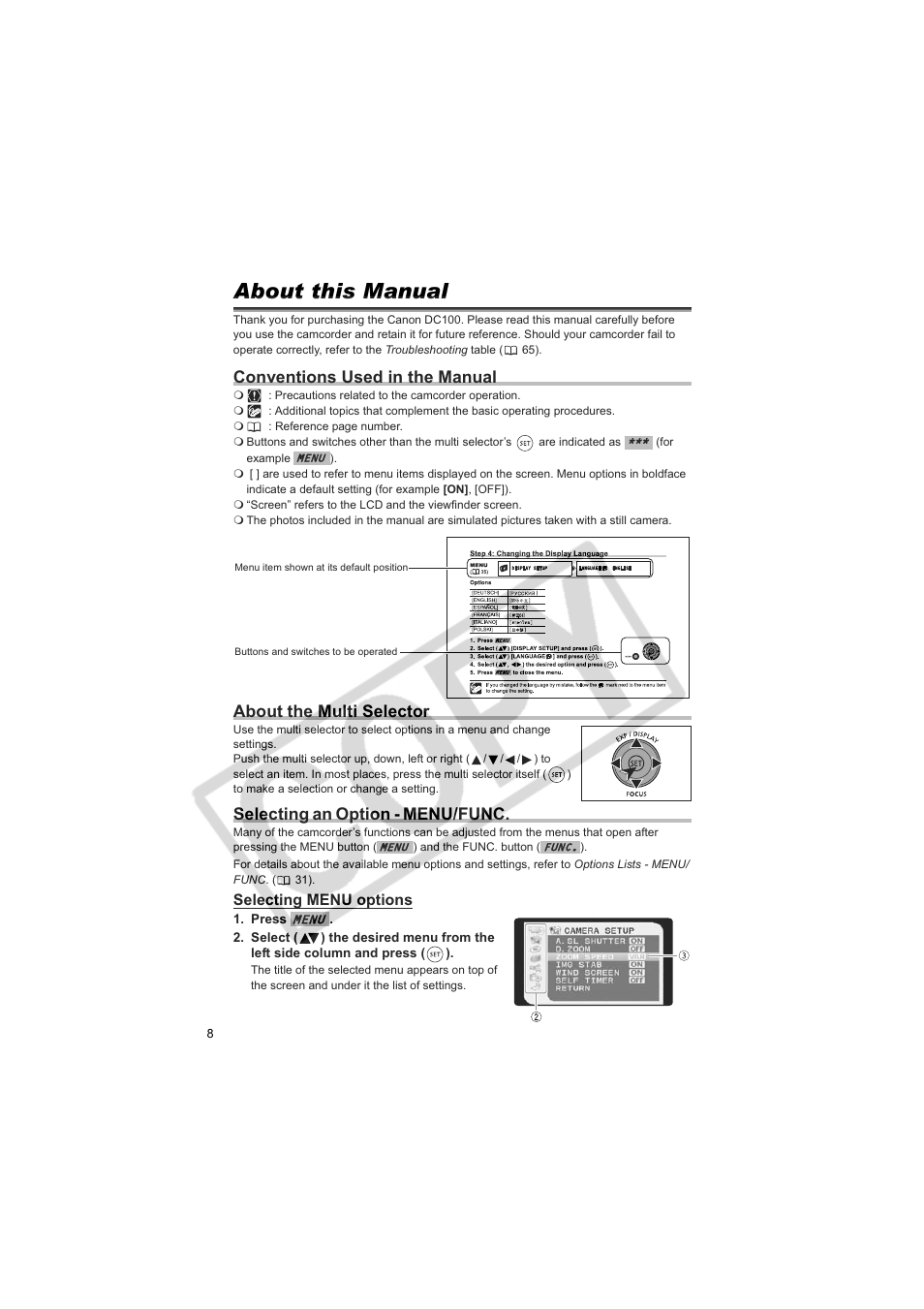 About this manual, Conventions used in the manual, About the multi selector | Selecting an option - menu/func | Canon DCD CAMCORDER User Manual | Page 8 / 83