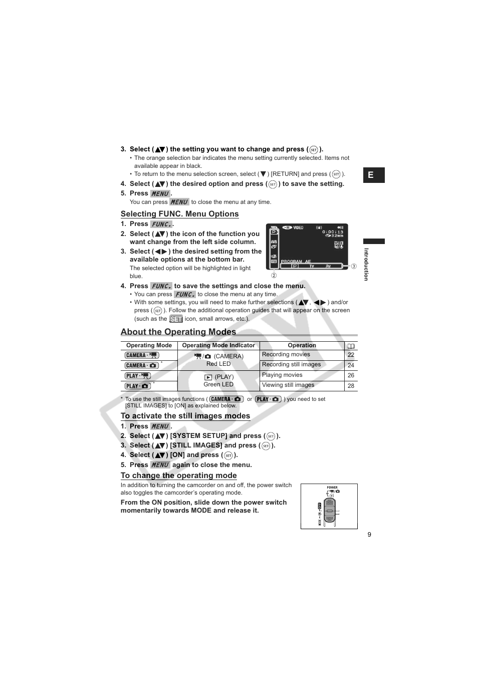 About the operating modes | Canon DCD CAMCORDER User Manual | Page 9 / 83