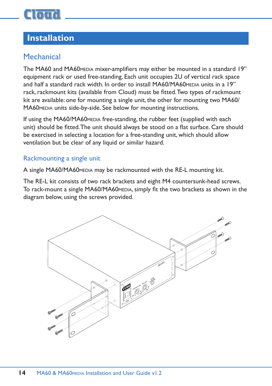 Installation, Mechanical, Rackmounting a single unit | Cloud Electronics MA60Media User Manual | Page 14 / 36