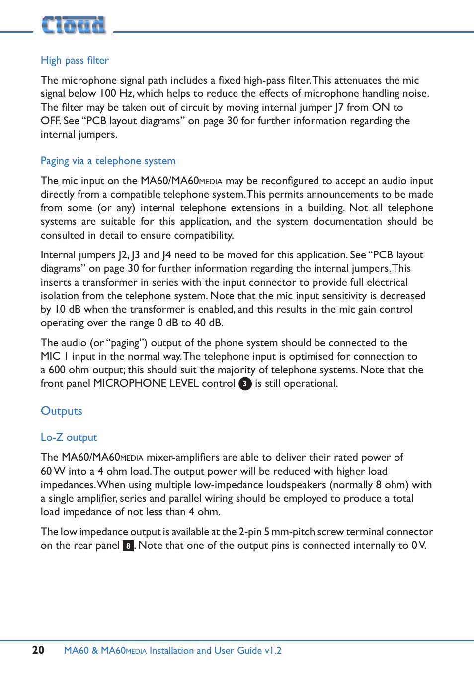 Outputs | Cloud Electronics MA60Media User Manual | Page 20 / 36