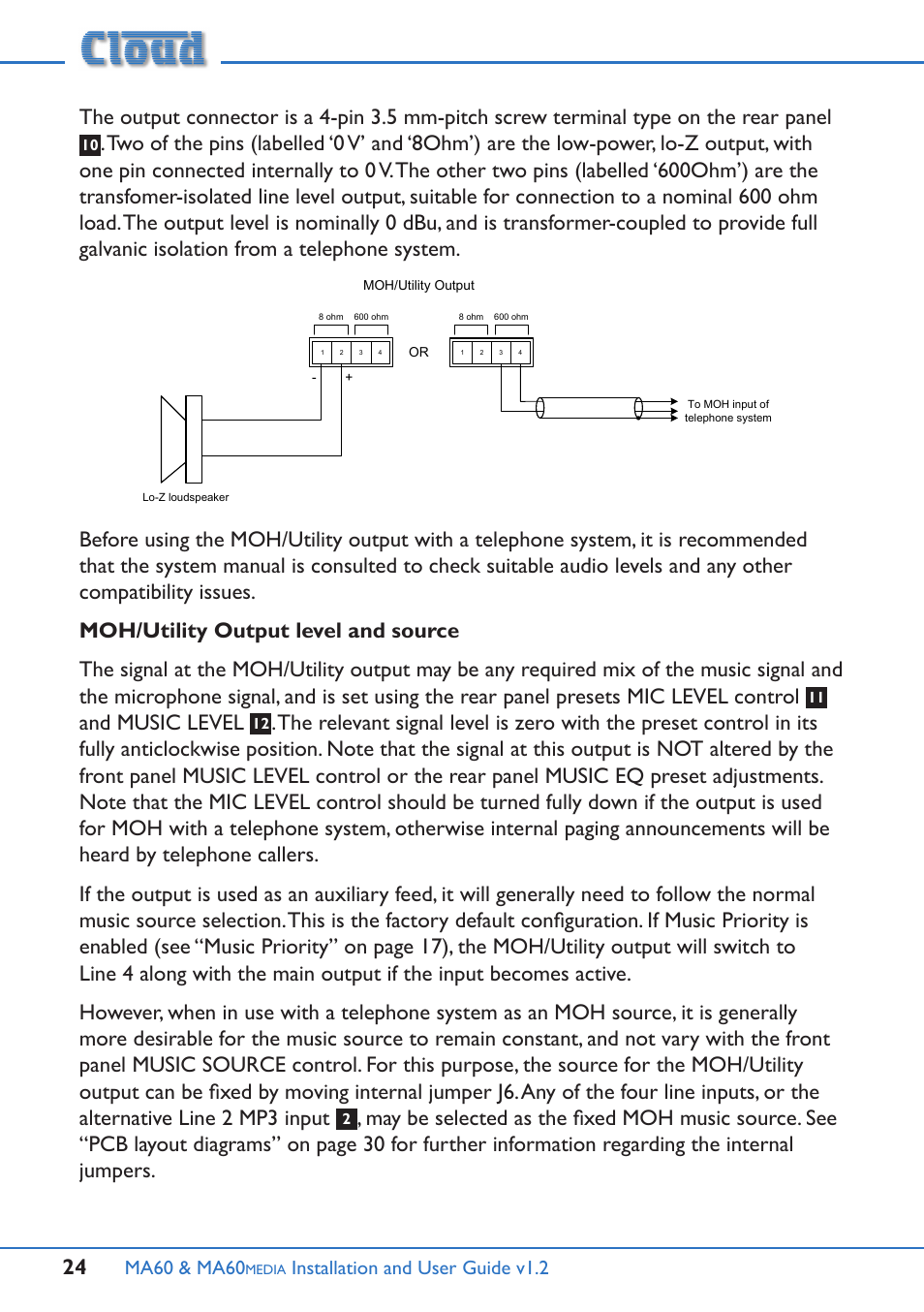 And music level, Ma60 & ma60, Installation and user guide v1.2 | Cloud Electronics MA60Media User Manual | Page 24 / 36