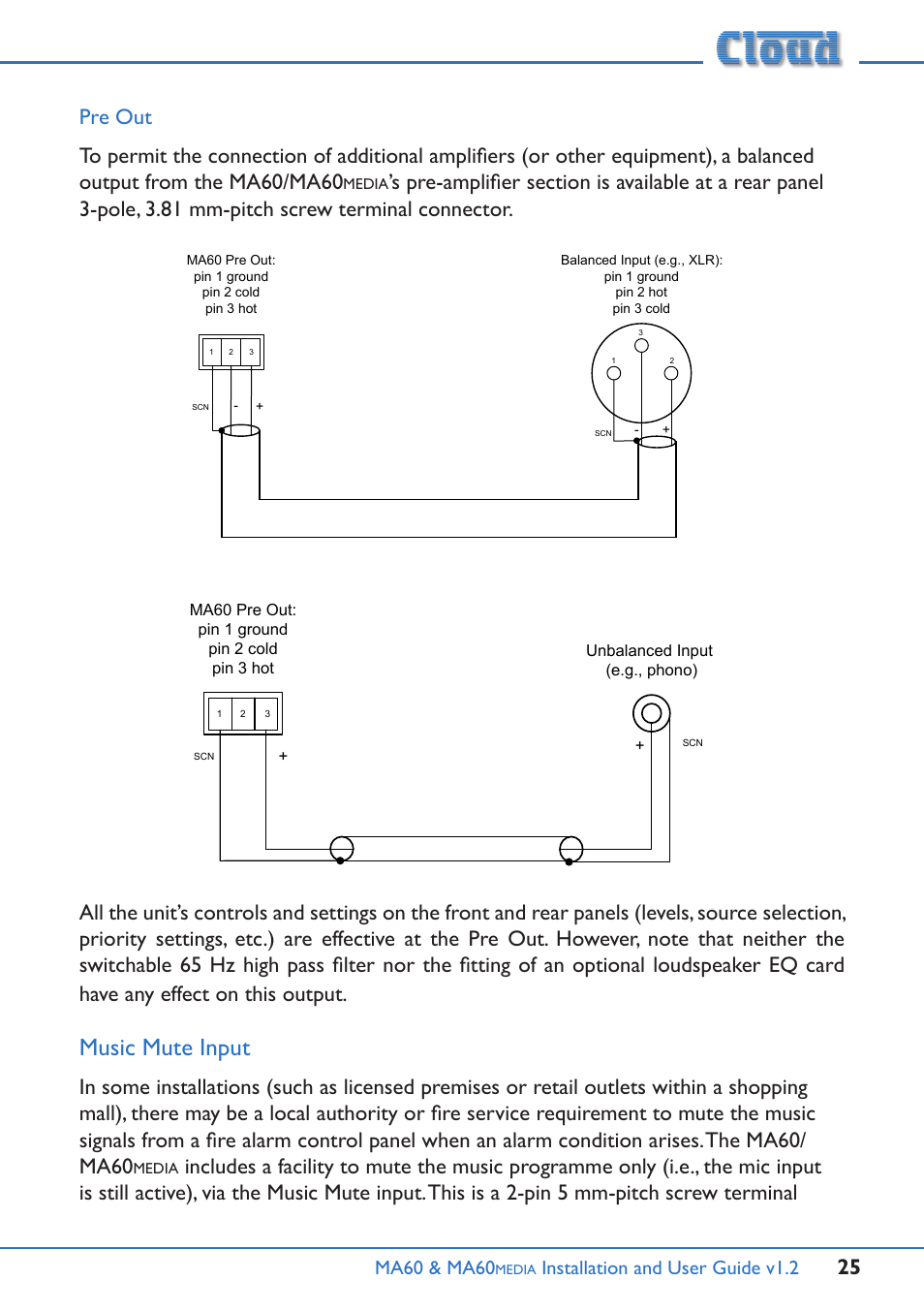 Music mute input, Ma60 & ma60, Installation and user guide v1.2 | Cloud Electronics MA60Media User Manual | Page 25 / 36