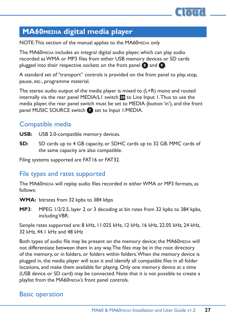 Ma60, Media, Digital media player | Compatible media, File types and rates supported, Basic operation | Cloud Electronics MA60Media User Manual | Page 27 / 36