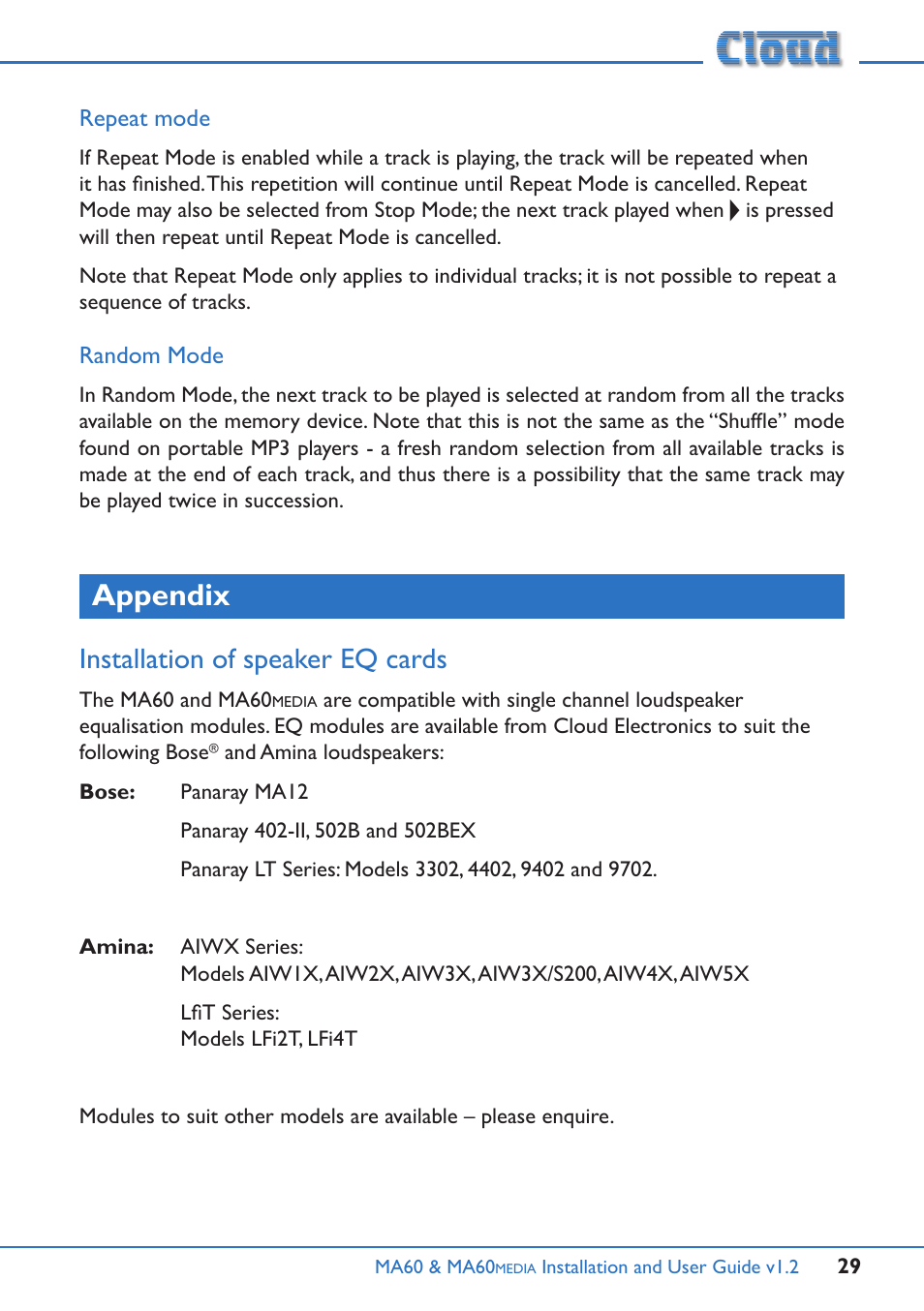 Repeat mode random mode, Appendix, Installation of speaker eq cards | Cloud Electronics MA60Media User Manual | Page 29 / 36