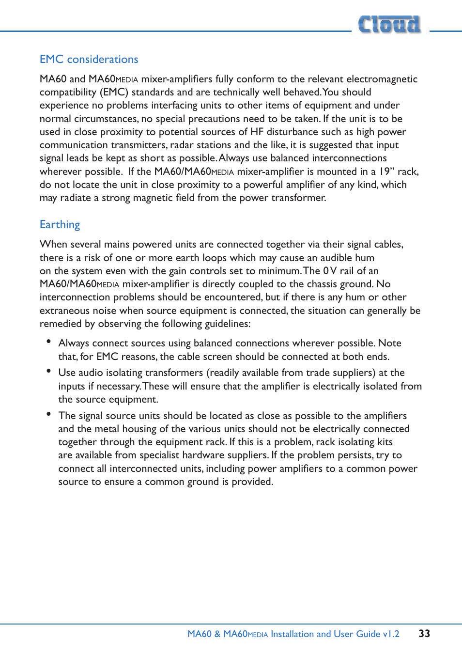 Emc considerations, Earthing | Cloud Electronics MA60Media User Manual | Page 33 / 36