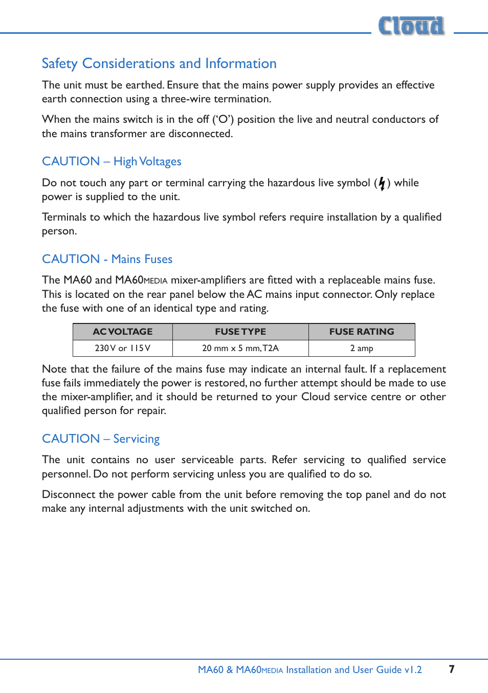Safety considerations and information | Cloud Electronics MA60Media User Manual | Page 7 / 36