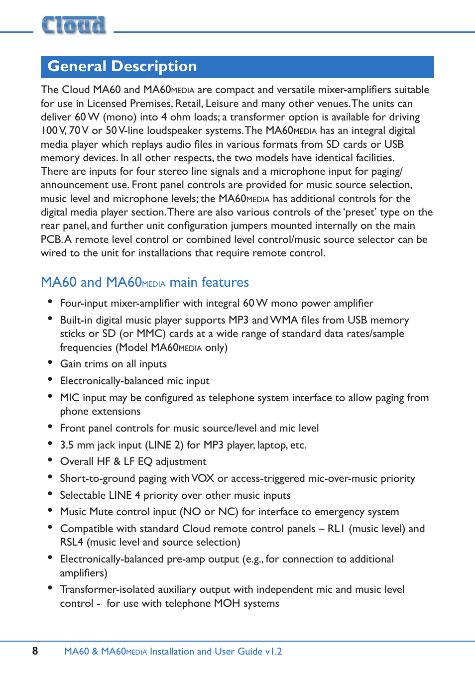 General description, Ma60 and ma60, Media | Main features | Cloud Electronics MA60Media User Manual | Page 8 / 36