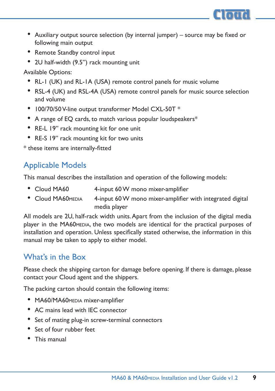 Applicable models what’s in the box, Applicable models, What’s in the box | Cloud Electronics MA60Media User Manual | Page 9 / 36