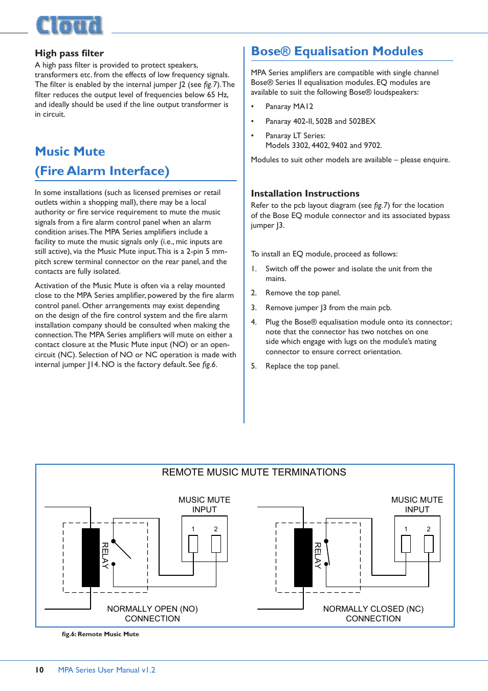 High pass filter, Music mute(fire alarm interface), Bose® equalisation modules | Installation instructions, Music mute (fire alarm interface) | Cloud Electronics MPA60 User Manual | Page 10 / 16