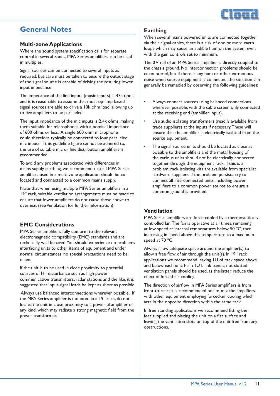 General notes, Multi-zone applications, Emc considerations earthing ventilation | Cloud Electronics MPA60 User Manual | Page 11 / 16