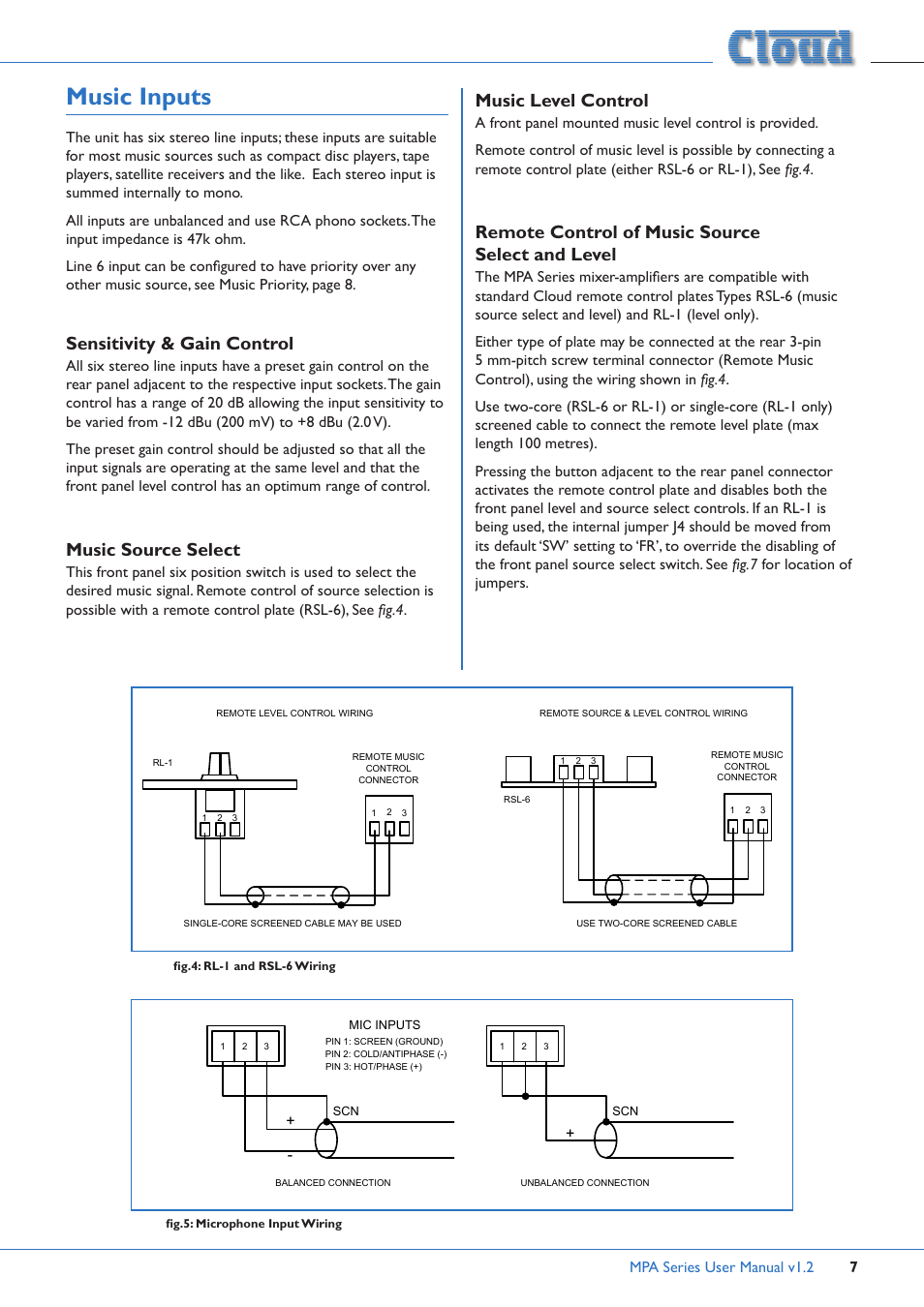 Music inputs, Sensitivity & gain control, Music source select | Music level control, Remote control of music source select and level | Cloud Electronics MPA60 User Manual | Page 7 / 16